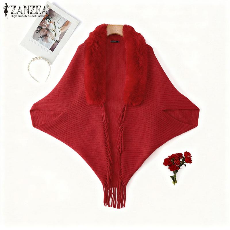 

ZANZEA Oversized Women Batwing Sleeve Furry Patchwork Casual Loose Knitted Sweaters Cardigan One Size красный