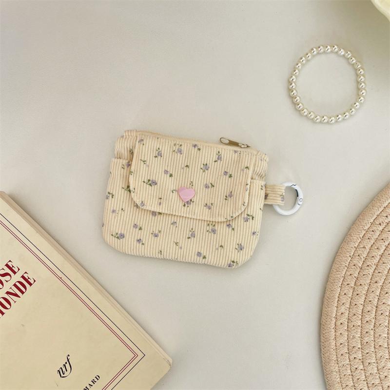 Cute Corduroy Coin Purse Fashion Floral Print Heart Snap Button Mini Wallet for Student School Carry Change Jewelry Storage