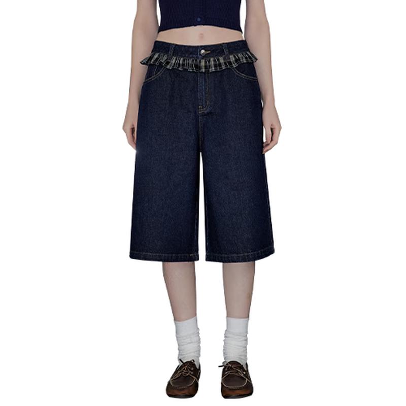 

UNIFREE Vintage Washed Straight Leg Loose Denim Shorts with Plaid Patchwork L