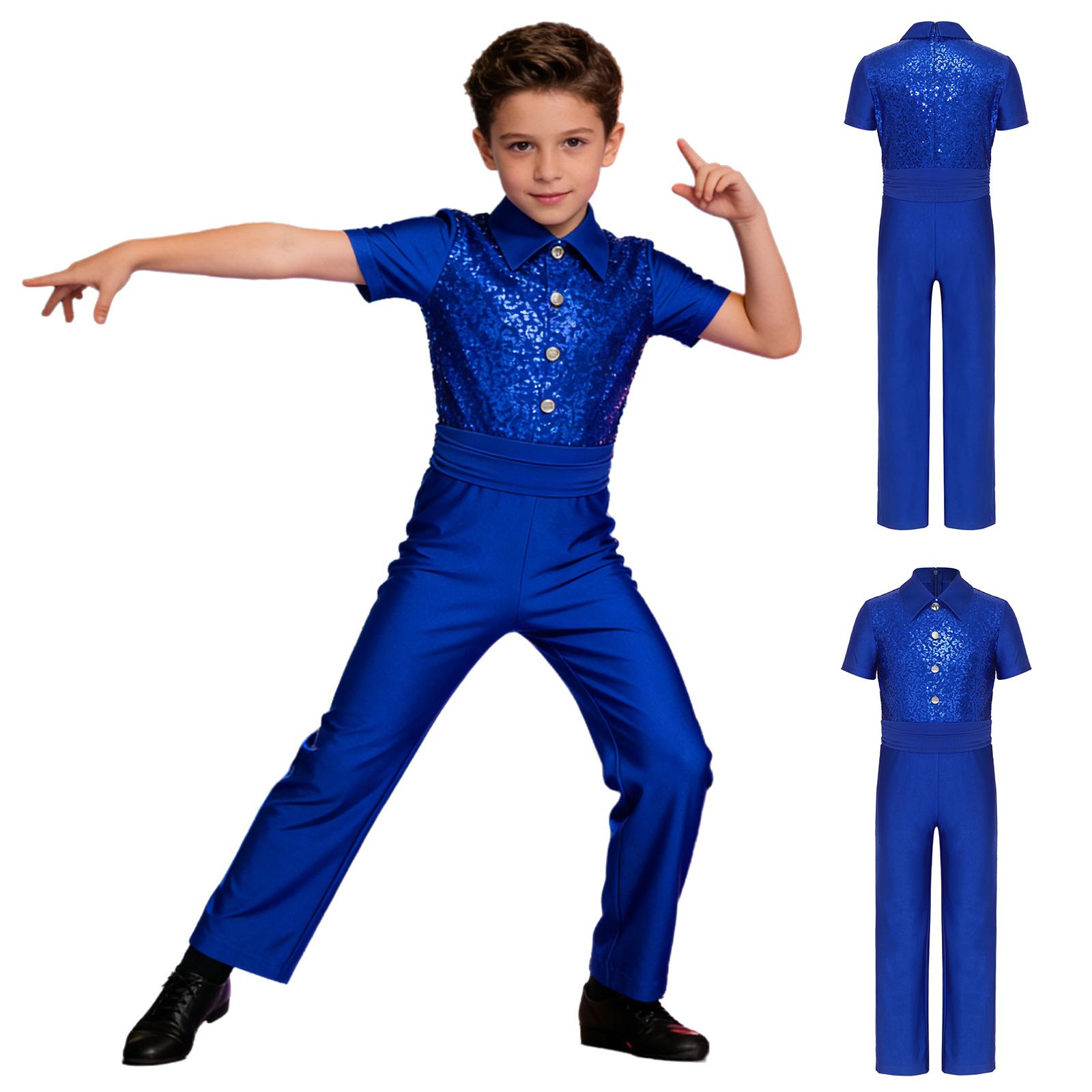 Kinder Jungen Tanzkleidung Trikot Kurzarm Umlegekragen Pailletten Knöpfe Lange Hosen Body für Gymnastik Tanz Training 5-6 Years königsblau