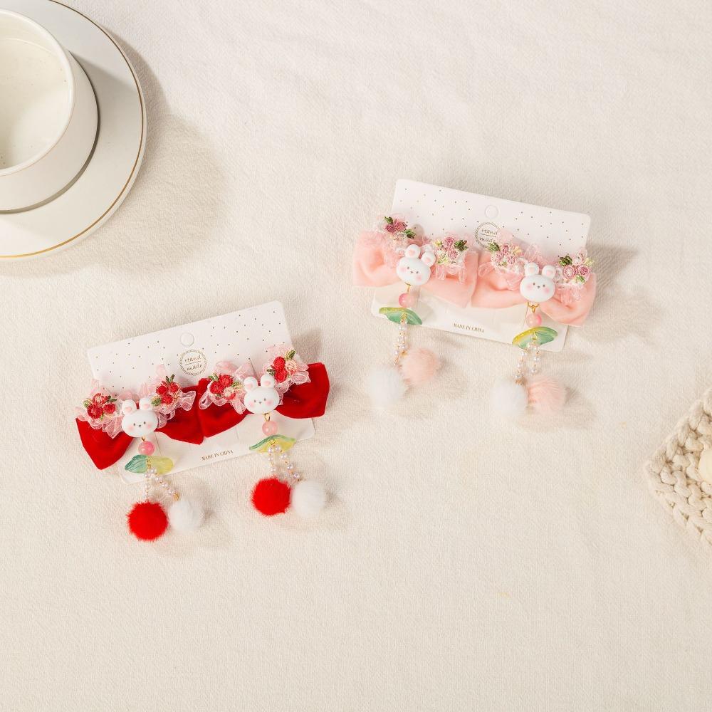 Bowknot Plush Fringe Hairpin Rabbit Chinese Style Barrettes Children's New Year Hair Clip  Festival