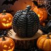 Halloween Pumpkin Decor Faux Rattan Resin Figurine, Vintage Distressed Orange Black Farmhouse Tabletop Fall Seasonal Window Decor, Indoor Harvest