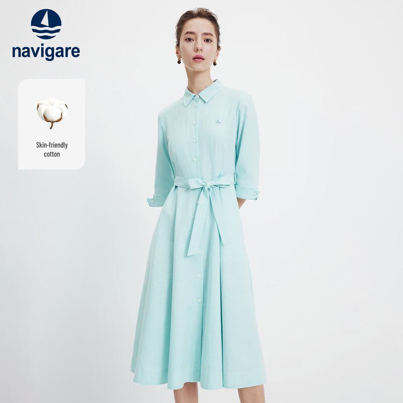 Navigare Women s Striped Waist-Cinching Half-Sleeve Shirt Dress XL