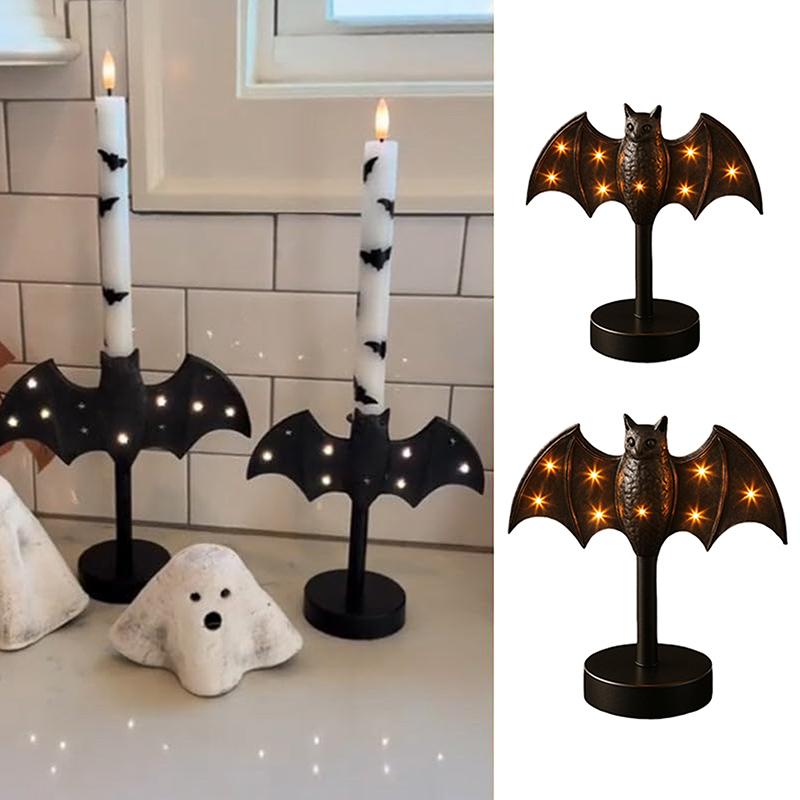 Large Twinkle Bat Candlestick Mystery Gothic Candle Holder Led Twinkle Light Candelabra For Mantel Halloween Decor Party Home