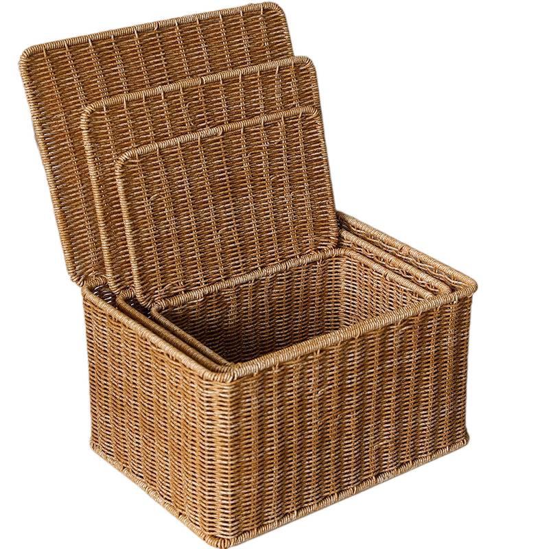 Nordic Style Rattan-Look Woven Storage Box with Lid for Bedroom and Household Organization.