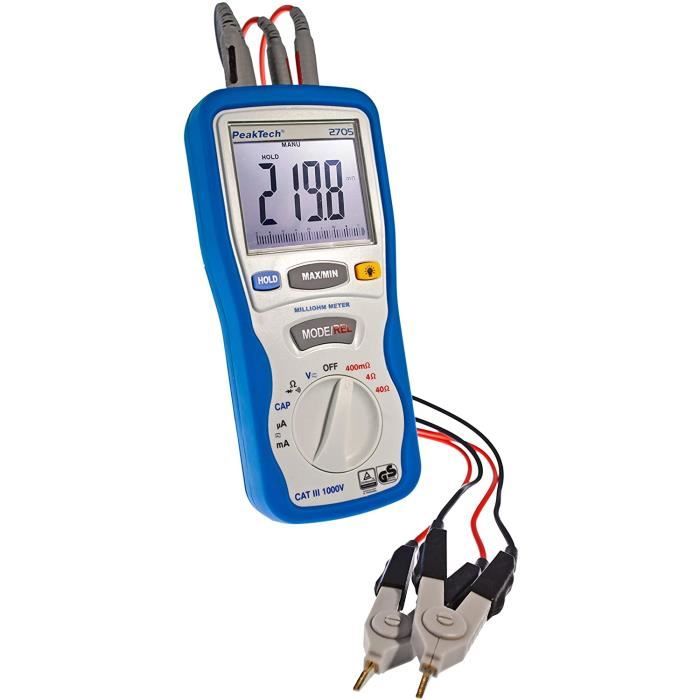 Peaktech 2705 - milliohmmètre numérique avec cordons de mesure kelvin à 4 broches, mesure de distance, tüv/gs,