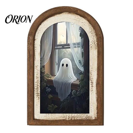 Halloween Spooky Decorative Sign Ghost Wall Decor, Cute Table Sign, Vintage Arch Framed Fall Season Accent Picture, Art for Mantel Living Room Bedroom