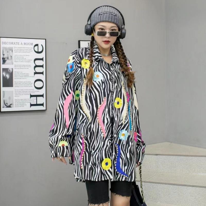 Thailand Tide Brand Autumn New Heavy Industry Bead Printing Long-sleeved Shirt Women's Medium and Long Loose Shirt Cross-border