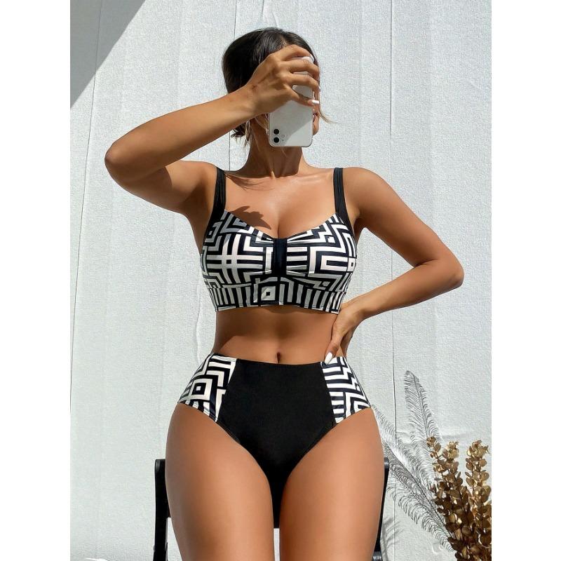 Women Geometric Print High Waist Bikini Set Black White Contrast Color 2 Piece Swimsuit