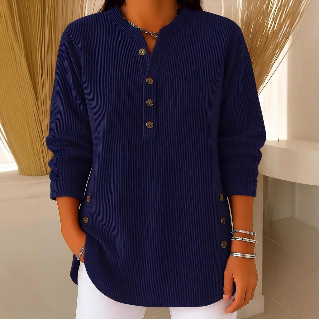 2025 Autumn-Winter Women's V-Neck Corduroy Button-Up Long Sleeve Casual Top