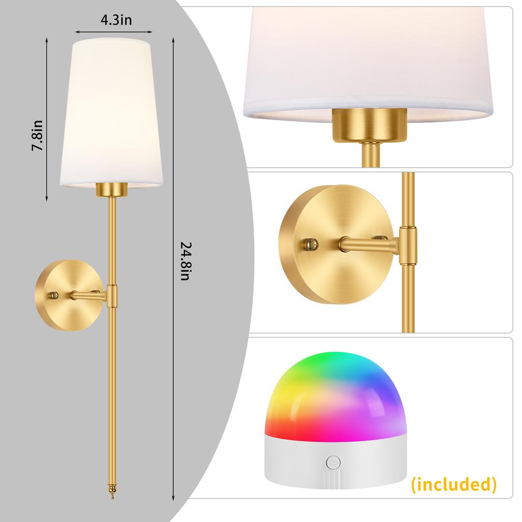 Battery Operated Wall Sconce Set of 2,Gold Rechargeable Wall Lights with 2500mAh Dimmable Detachable Bulbs and Remote