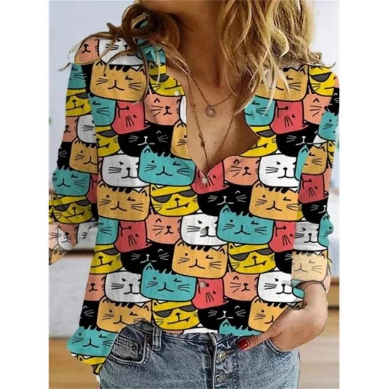 Autumn Women Clothing Cute Animal Prints Shirt Tops Cartoon Cat Pattern Personalized Street Long Sleeve Fashion Women's Blouses