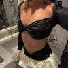 European and American Sexy Crop Top Flare Sleeve Tops Contrast Color Tutu Skirt Suit Top and Short Skirt Set