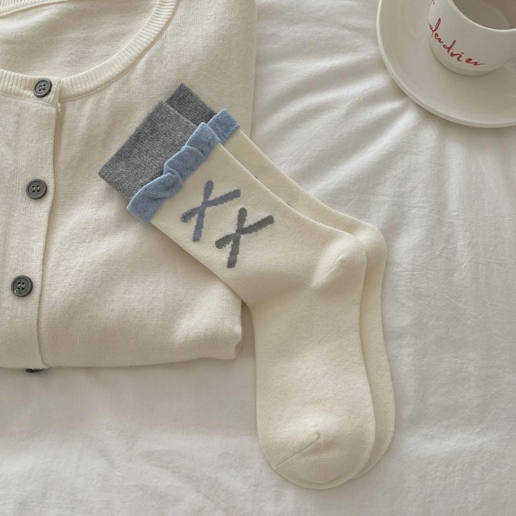 Warm Velvet Lolita Girl Sweet Socks Ear Bow Middle Tube Pile Cute Lace Medium And Long