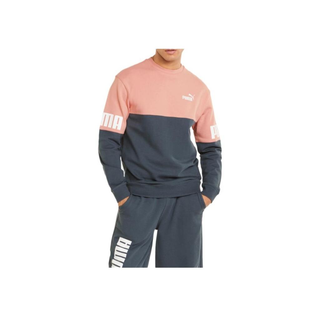 Puma Letter Logo Print Colorblock Sport Crew Neck Sweatshirt Men Tops Grey Blue Rose-Pink 670935-42