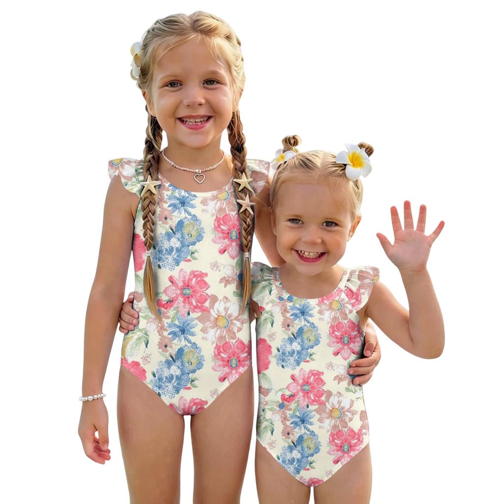 Girls One Piece Swimsuit Floral Print Sleeveless Ruffle Shoulder Design Lightweight Comfortable Fabric Suitable for Summer Beach Pool Swimwear