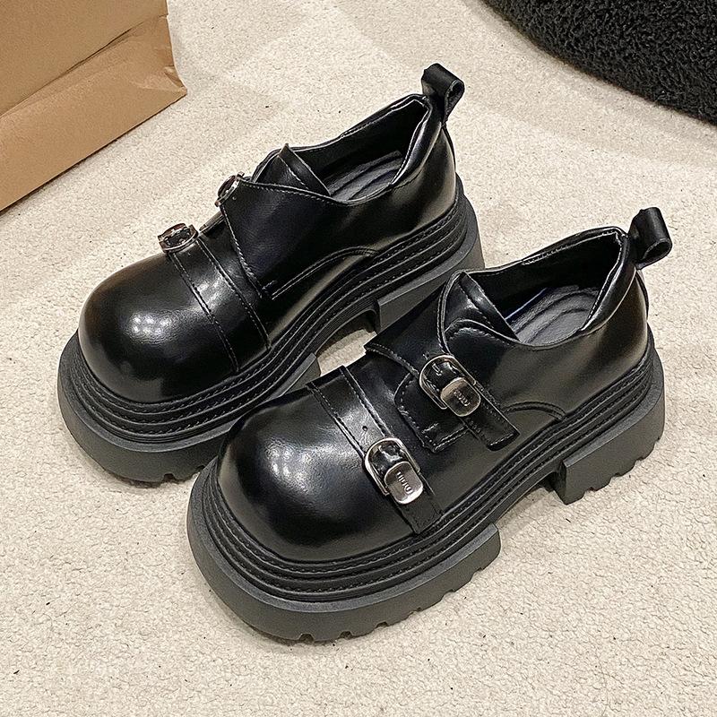 Spring New Wear British Style Small Leather Shoes Mary Jane Women's Coarse Heel Thick Soled Height Increasing Le Fu Shoes