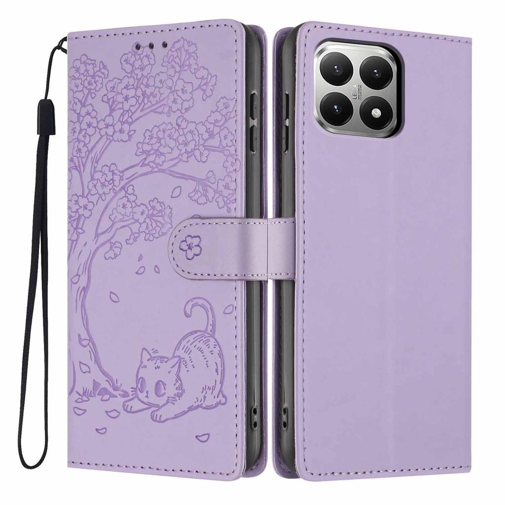 For Xiaomi 15T Stand Case Tree-and-Cat Pattern PU Leather Wallet Protective Phone Cover with Wrist Strap
