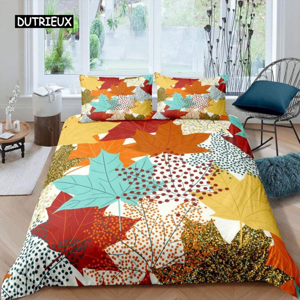 Maple Leaves Duvet Cover Set Colorful Autumn Season Maple Leaves In Unusual Designs Nature Print King Size 2/3pcs Bedding Set