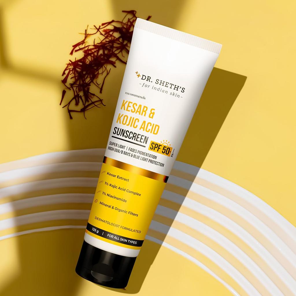 DR. Sheth's Kesar & Kojic Acid Sonnenschutz LSF 50+ Pa++++ Leicht Nicht Fettend 125 g Für Alle Hauttypen