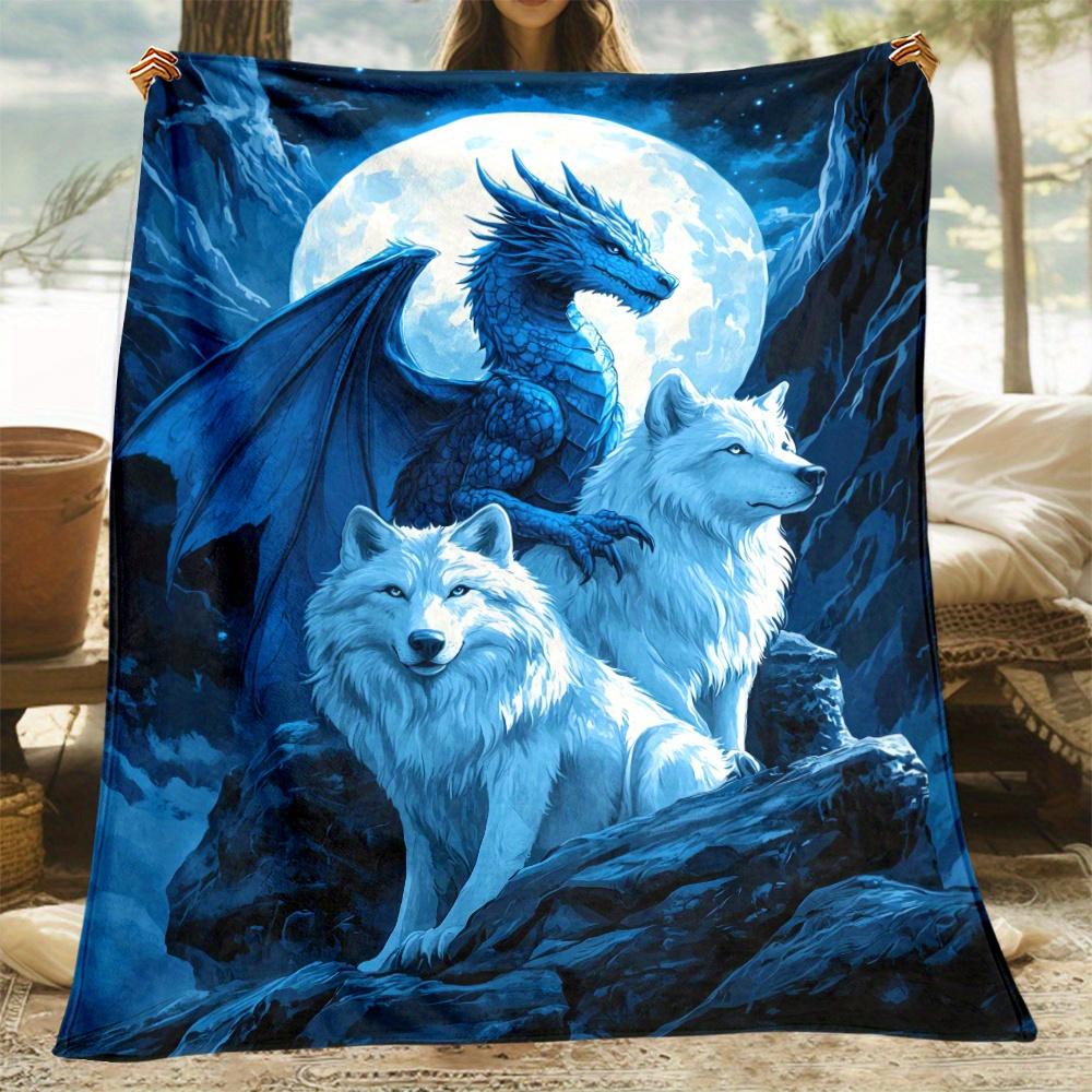 Fantasy Blue Dragon Wolf Blanket Season Universal Living Room Bedroom Office Nap Cover Ins Style Decorative Blanket
