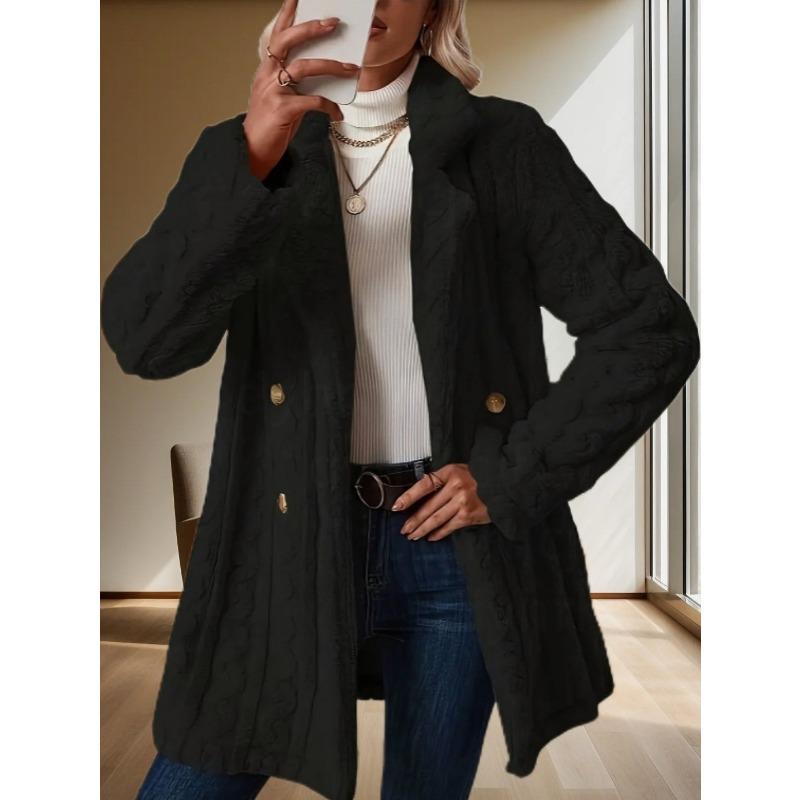 Women S Plush Double Breasted Mid Length Coat Notched Lapel Casual Warm Outerwear