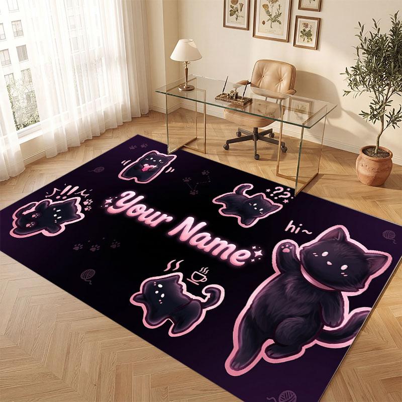 Cat Theme Crystal Velvet Floor Rug Personalized Custom Name Text Warm Carpet Home Decoration
