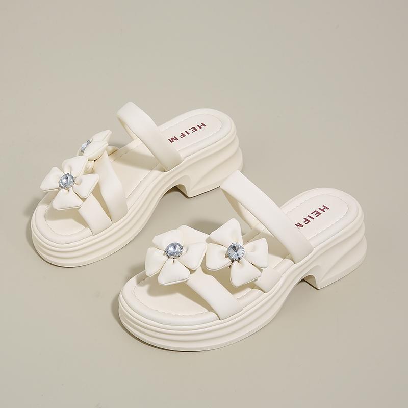 CRLAYDK Sandals for Women Strap Slip On Flowers Leather Slides Ladies Footwear Platform Low Square Heel Casual Beach Slippers