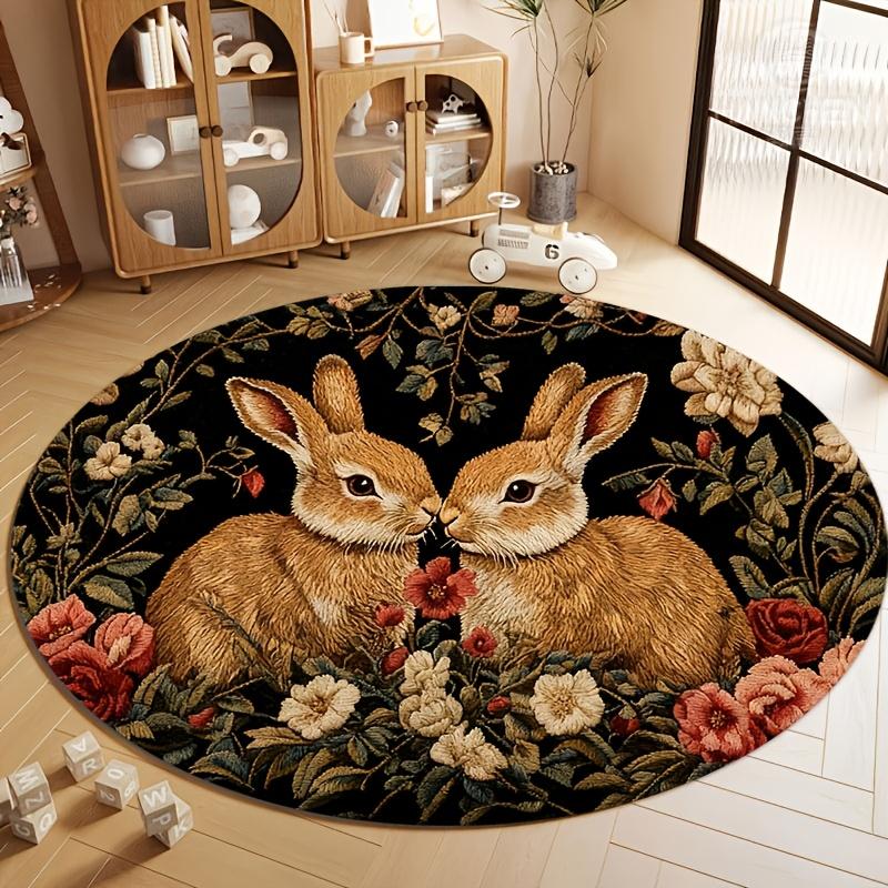 1Pcs Retro Oil Painting Style Bunny Round Carpet Soft Non-Slip Area Rug Colorful Floral Mat for Bedroom Entryway Decor