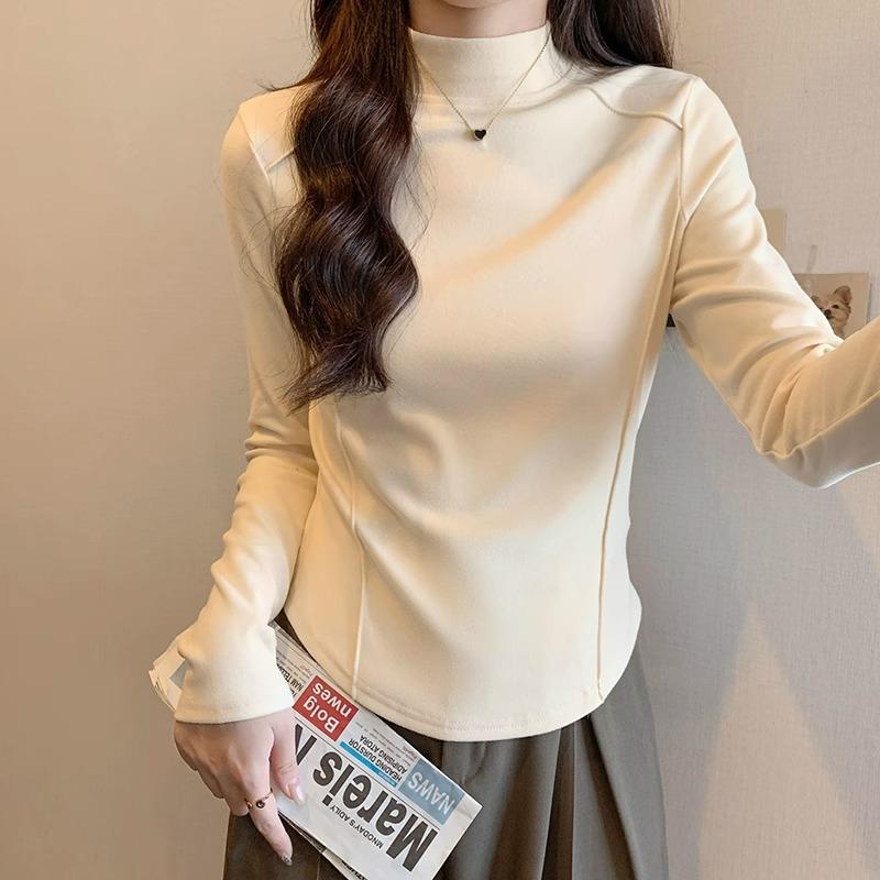 White Half-high Collar Herringbone Line Waist Long-sleeved Bottoming Shirt for Women Autumn and Winter German Velvet Thickened Warm Inner T-shirt Top
