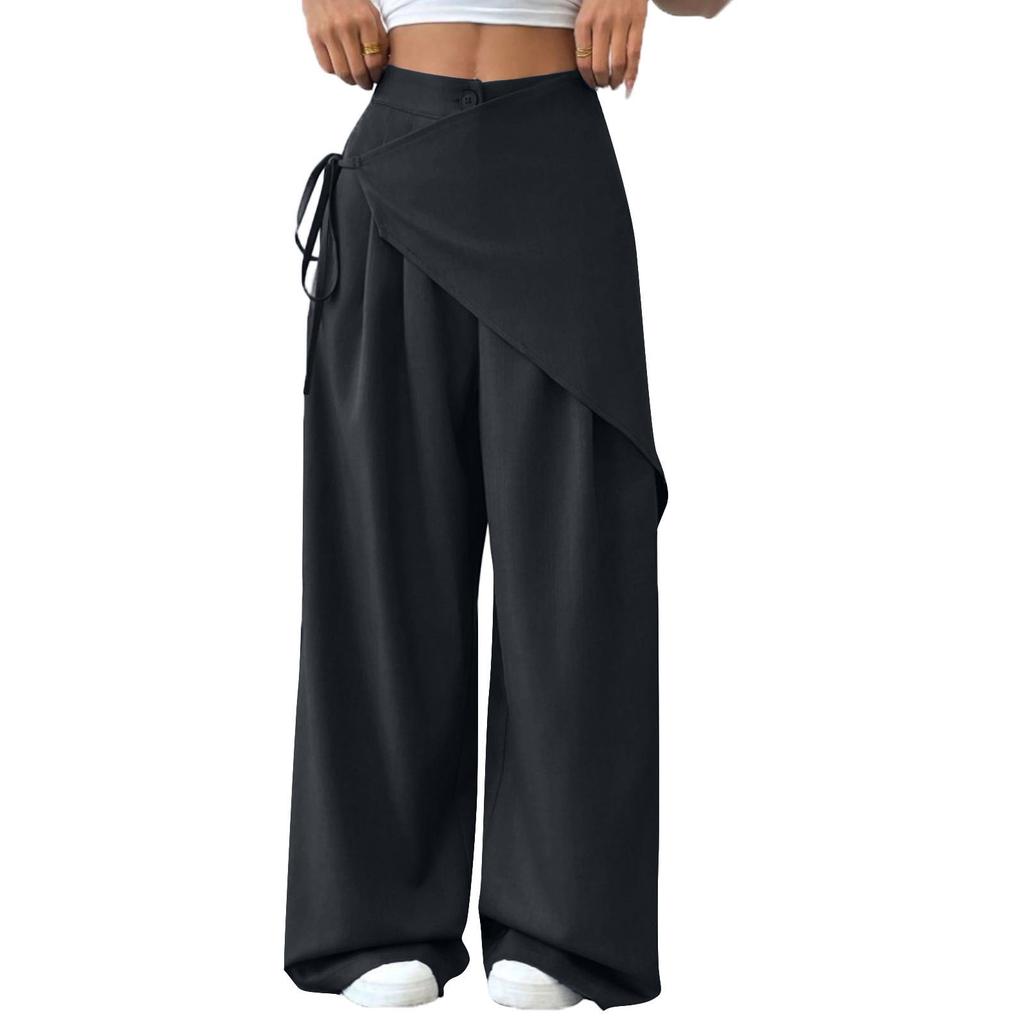 Damen Casual Mode -Hose mit elastischem Bund, weitem Bein und geradem Bein mit Taschen