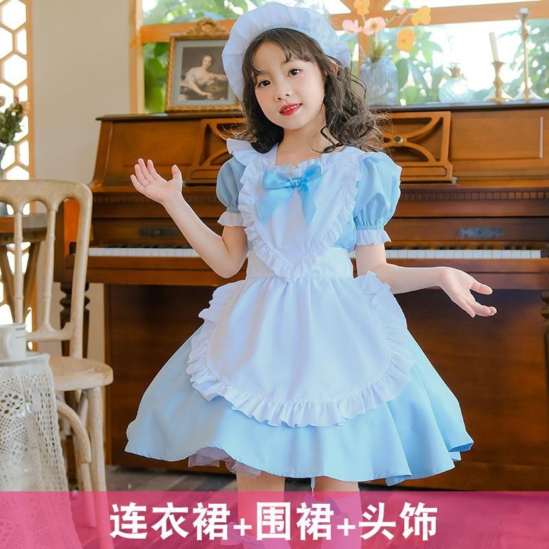 Kids Girl Black Maid Costume Dress Set Lolita Style Princess Outfit Dance Performance Party