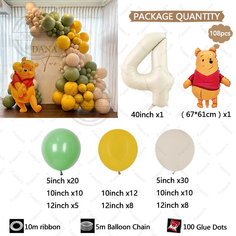 108pcs Winnie The Pooh Theme Birthday Party Balloon Set Pooh Aluminum Foil Balloon for Kids Baby Shower Decoration Supplies Gift