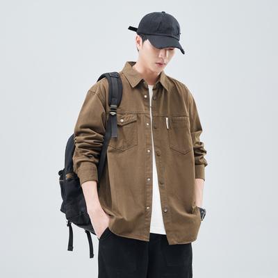 Heavy Washed Cotton Japanese Retro Trendy Brand Loose Casual Shirt Jacket Brown Dark Gray Black