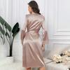 Satin Lace Sleepwear Set Luxury Long Sleeve Robe Cooling Nightgown Sexy Loungewear Bathrobe Women Elegant Home Dress