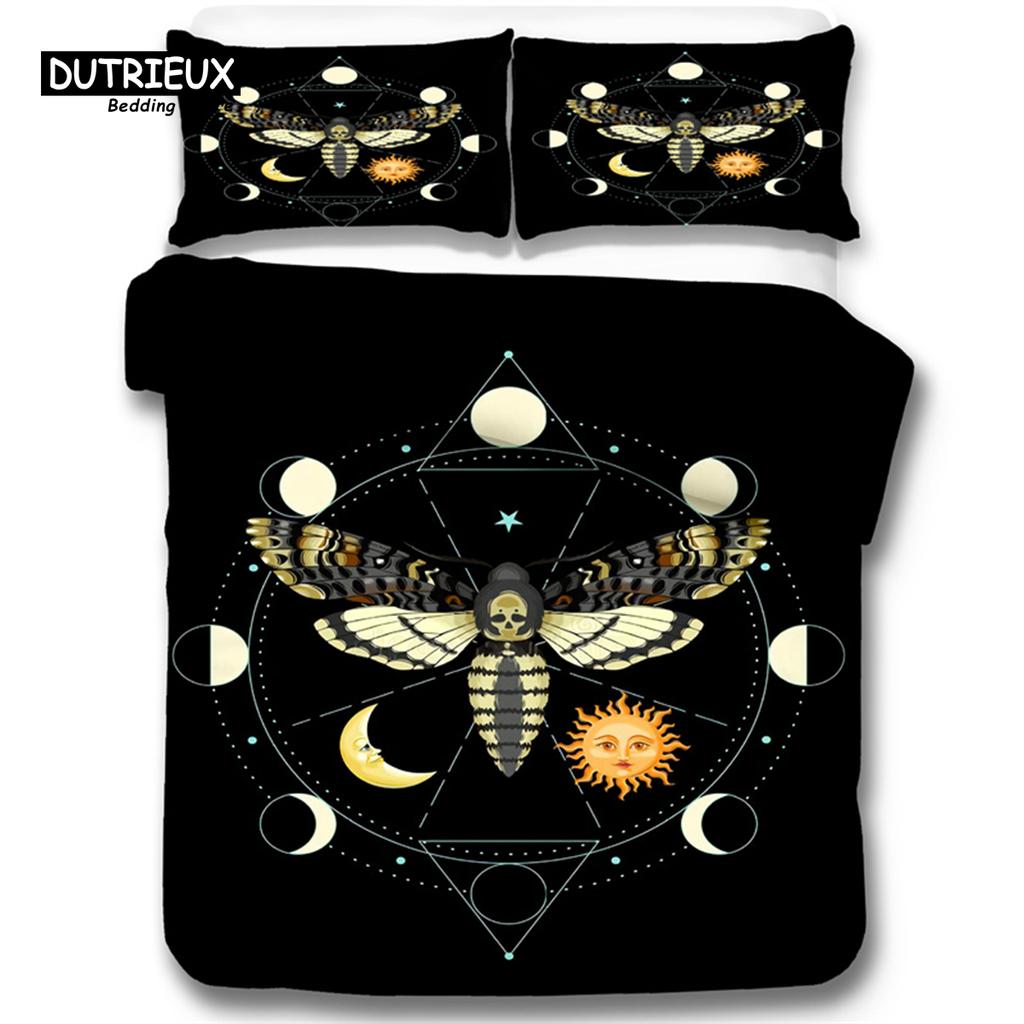 Gothic Skull Bedding Set Death Moth Flowers Print Duvet Cover Skeleton Bones Butterfly Pillowcases