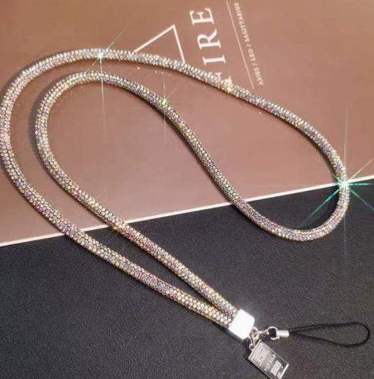 Full Rhinestone Lanyard with Goddess Pendant and Small Strap Long Length Crystal Embellished Necklace Chain for ID Badge Holder Mobile Phone