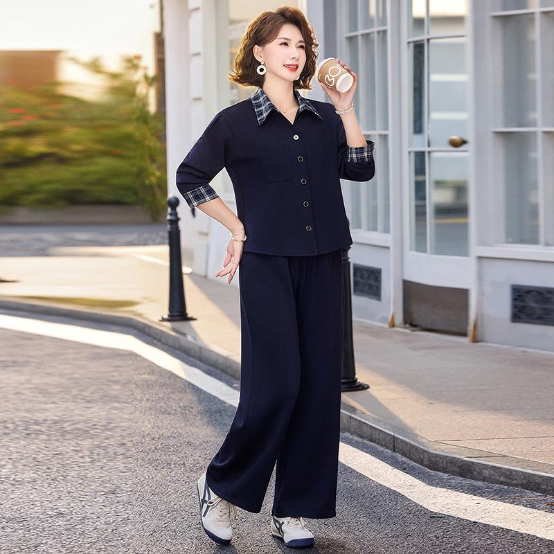 

Spring Plaid Two-Piece Set: Casual Button Jacket & Elastic Waist Pants for Middle-Aged & Elderly Women 5XL (150-165 lbs)