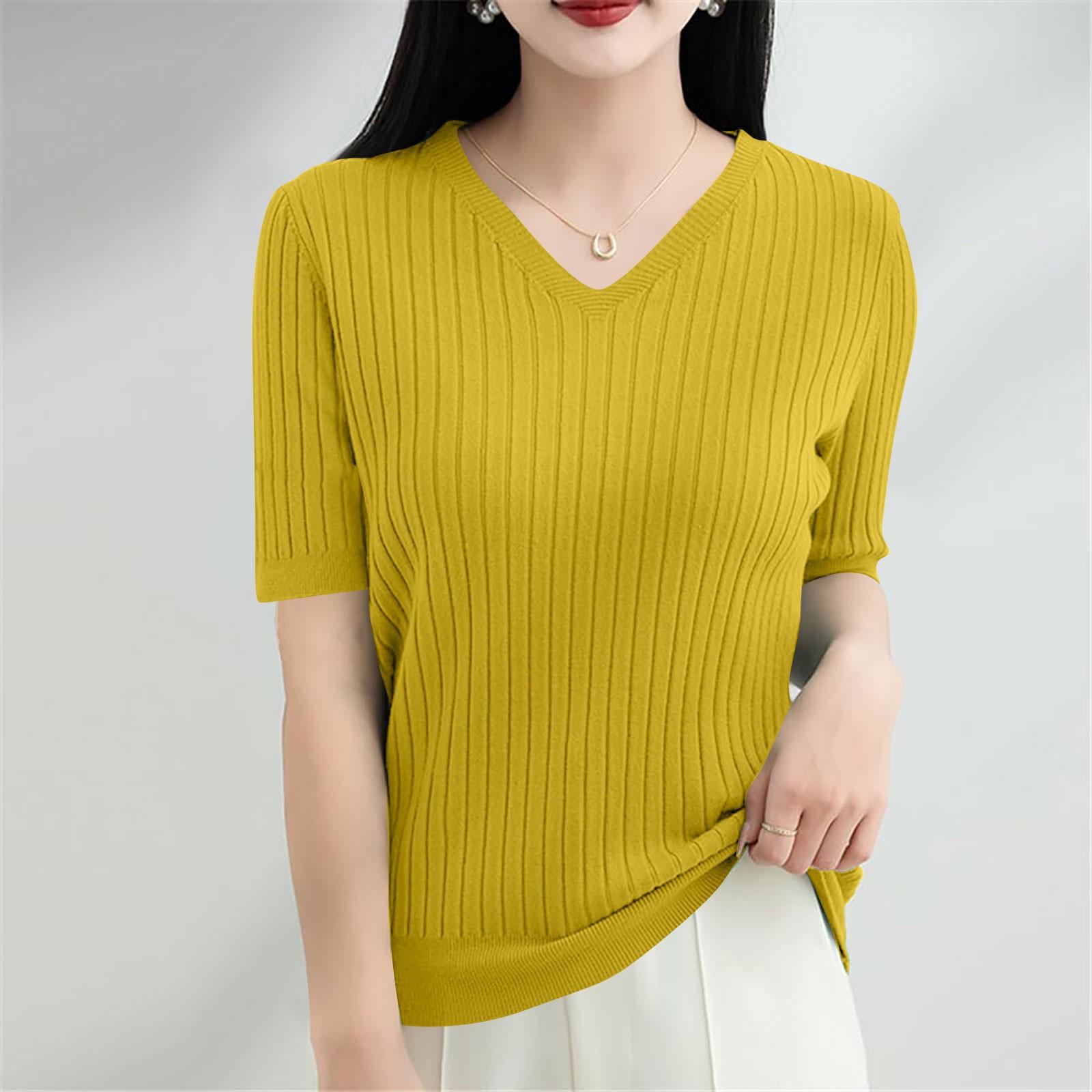 

Женская мода свободный трикотажный свитер нижняя часть рубашки V-образный вырез пуловер короткий рукав однотонный топ XXL жёлтый