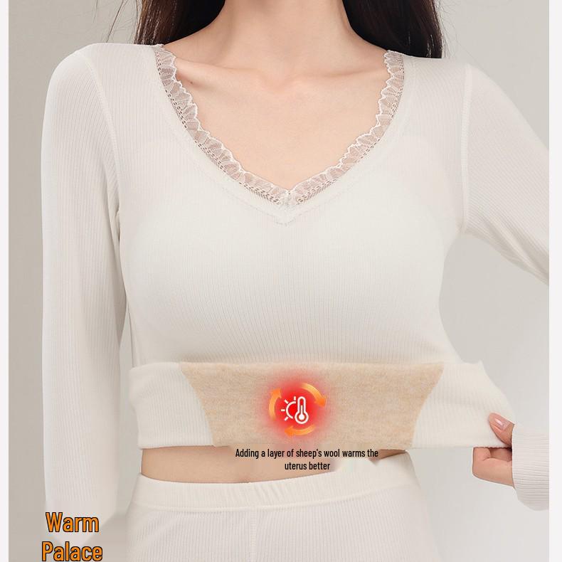 Women's Cashmere & Silk Lace V-Neck Long Sleeve Slimming Top Set