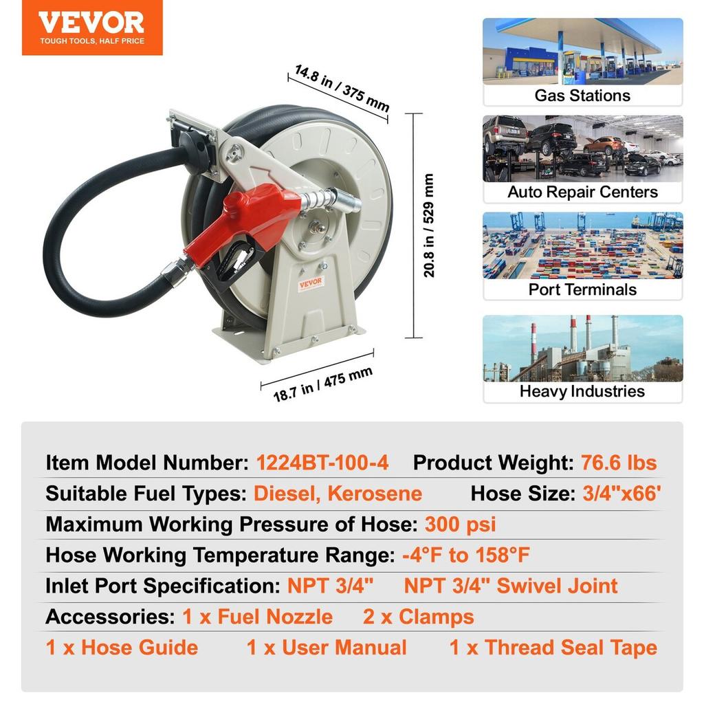 Fuel Hose Reel, 3/4" x 66', Extra Long Retractable Diesel Hose Reel, Heavy-Duty Carbon Steel Construction with Automatic Fuel Nozzle, NBR Rubber Hose