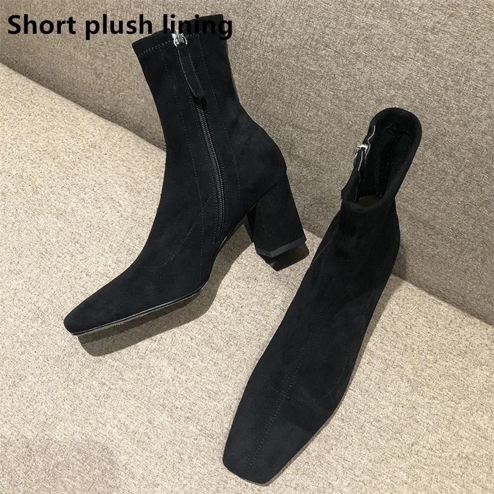 Fashion 2025 Autumn Winter Thick Heel Shoes Fashion Women Ankle Boots Sexy Square Toe Yarn Elastic Socks Boots Zip Boot Size 33-40 Black