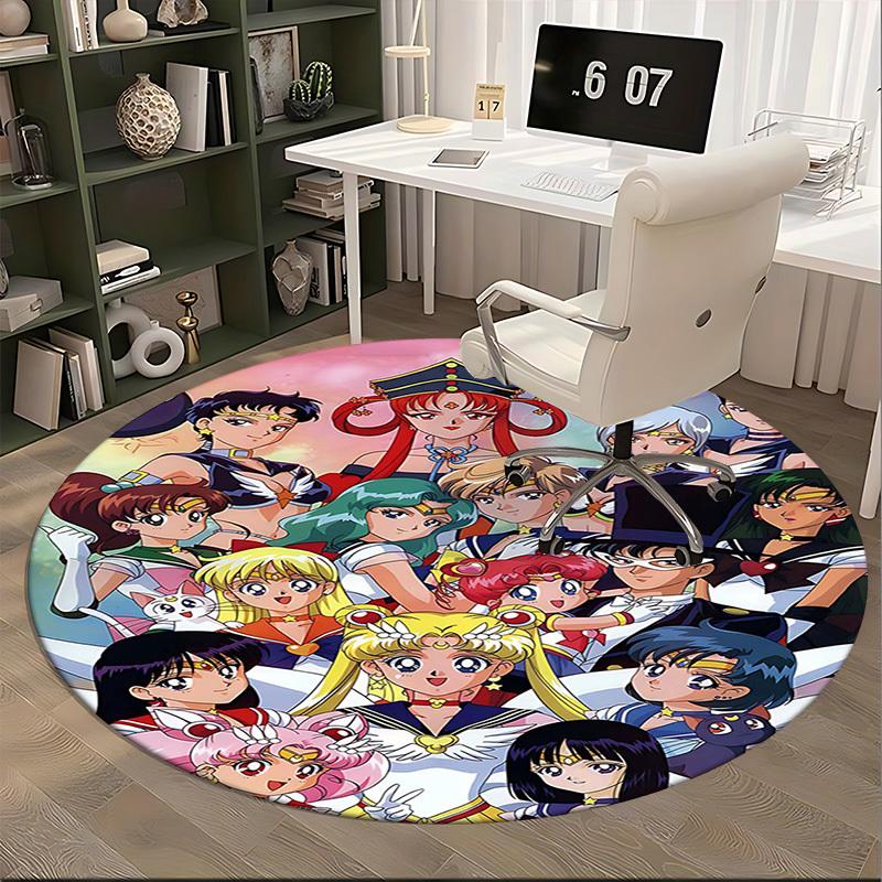 1 Stück Sailor Moon Anime Runder Teppich Bürostuhlmatte, Rutschfeste Matte für Heimdekoration, Saisonales Geschenk, Geeignet für Büro, Wohnzimmer