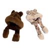 Furry Plush Trapper Caps for Women Girl with Bear Ear Thicken Warm Neck Scarf Winter Hat for Outdoor Activity Skiing