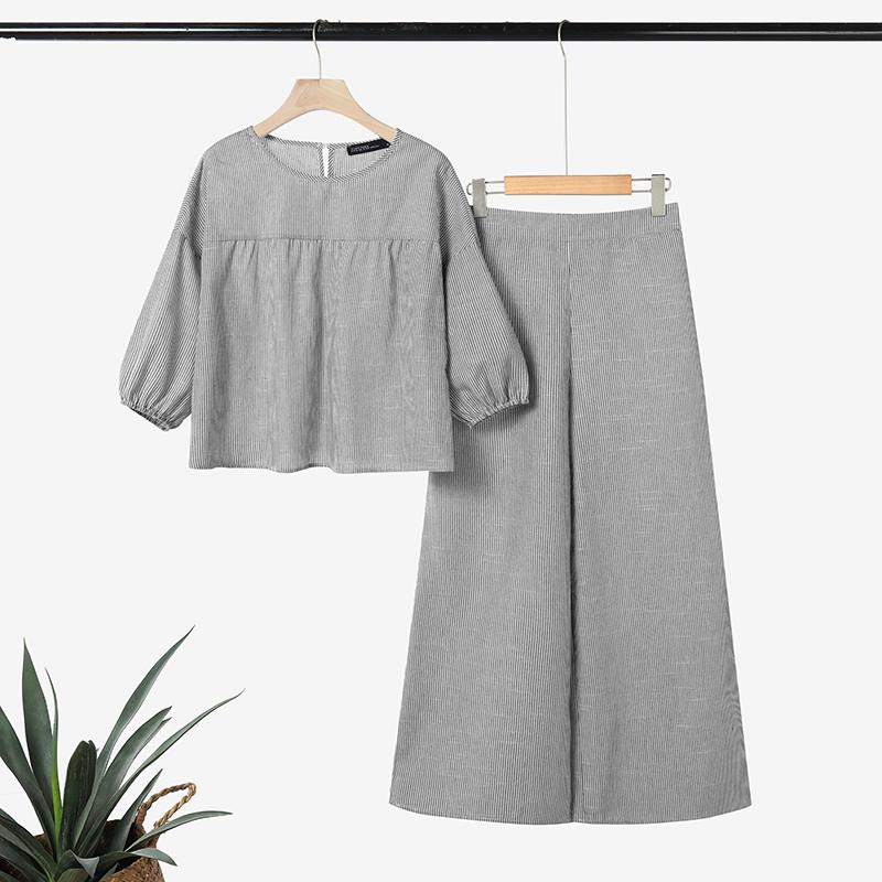 ZANZEA Damen 3/4-Ärmel Bluse und Hose Lässige Streifenprint Zweiteilige Sets