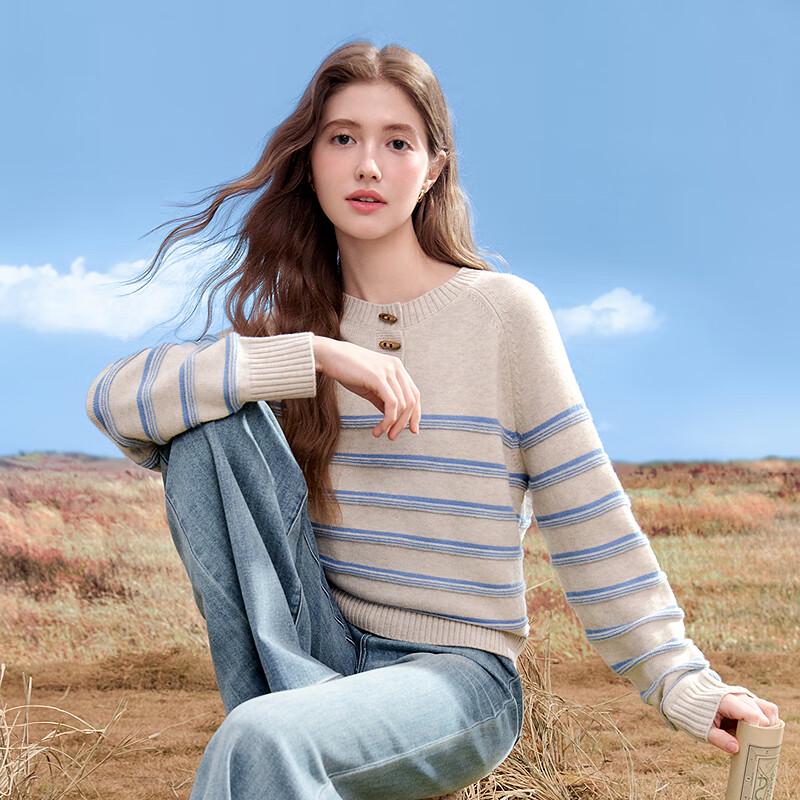 Betu Women's 2025 Fall Button Striped Patchwork Long Sleeve Knit Top