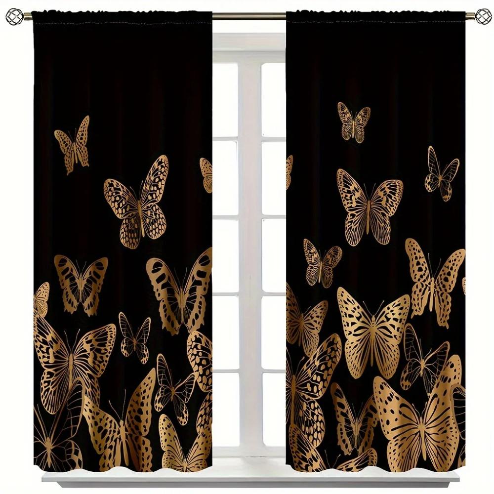 2pcs Black Golden Butterfly Printed Curtains, Modern Art Vintage Fluttering Butterflies Shading Curtains For Bedroom Living Room