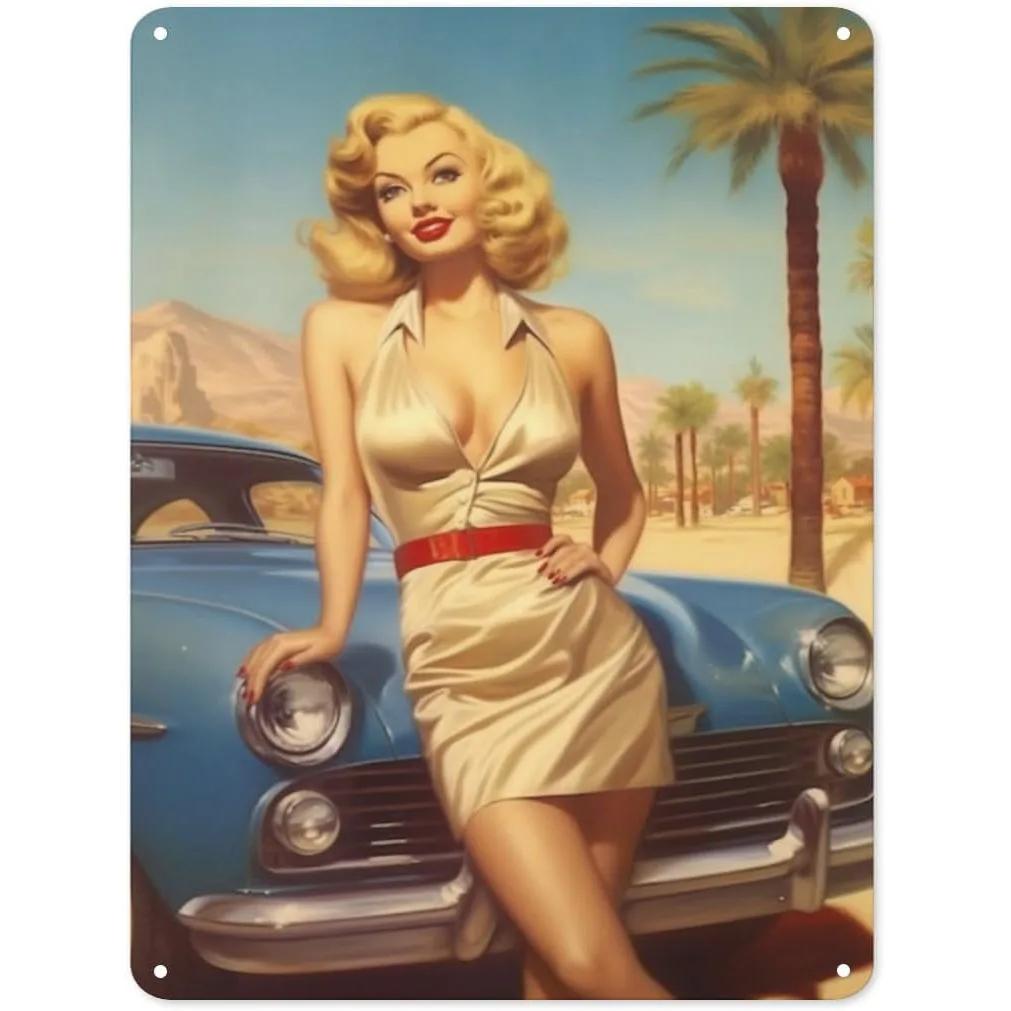 Vintage Pinup Girl Fast & Sexy Girls Classic Car Automobile Metal Tin Sings For Man Cave Garage Bar Cafe Clubs Car Decor Posters