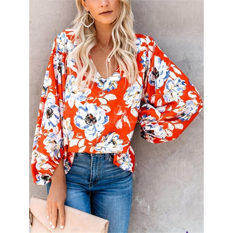 TIFICY Women's Fashion Casual Spring Autumn Flower Pattern Print Long Sleeve V-Neck Blouses & Shirts
