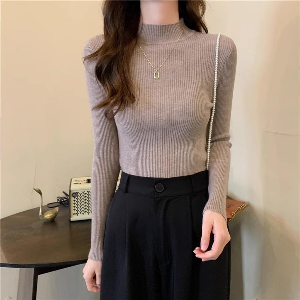 Spring and Autumn Winter Long Sleeve Sweater Women's Interior Tailored Bottom Shirt Half High Collar Korean Edition Knitted Shirt Women's Top